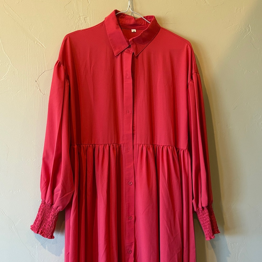 Women's Red Long Button-Front Shirt Dress - Picture 4 of 4